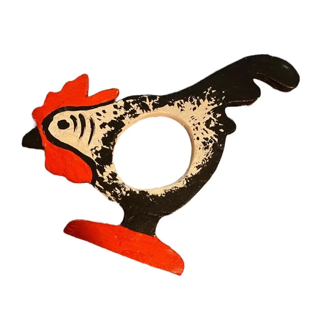 Set of 4 Vintage Wooden Hand Painted Roosters Napkin Rings Country Living Decor